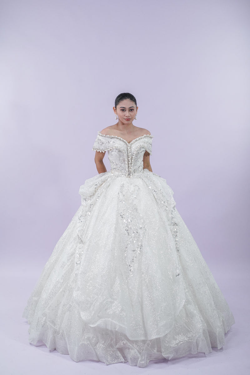 Off-Shoulder Bejeweled Wedding Bridal Gown - Noelle West Bridals