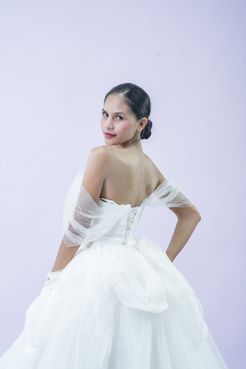Off-Shoulder Fairy Tule Wedding Bridal Gown - Noelle West Bridals