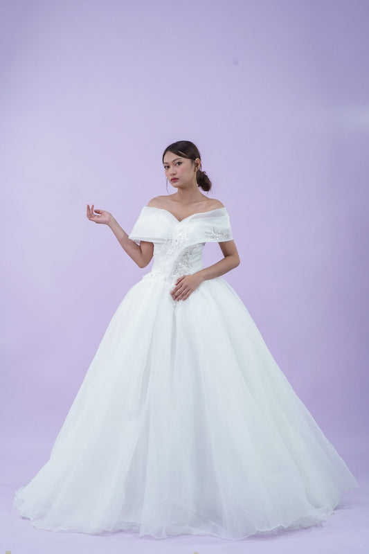 Off-Shoulder Simple Elegant Tule Wedding Bridal Gown