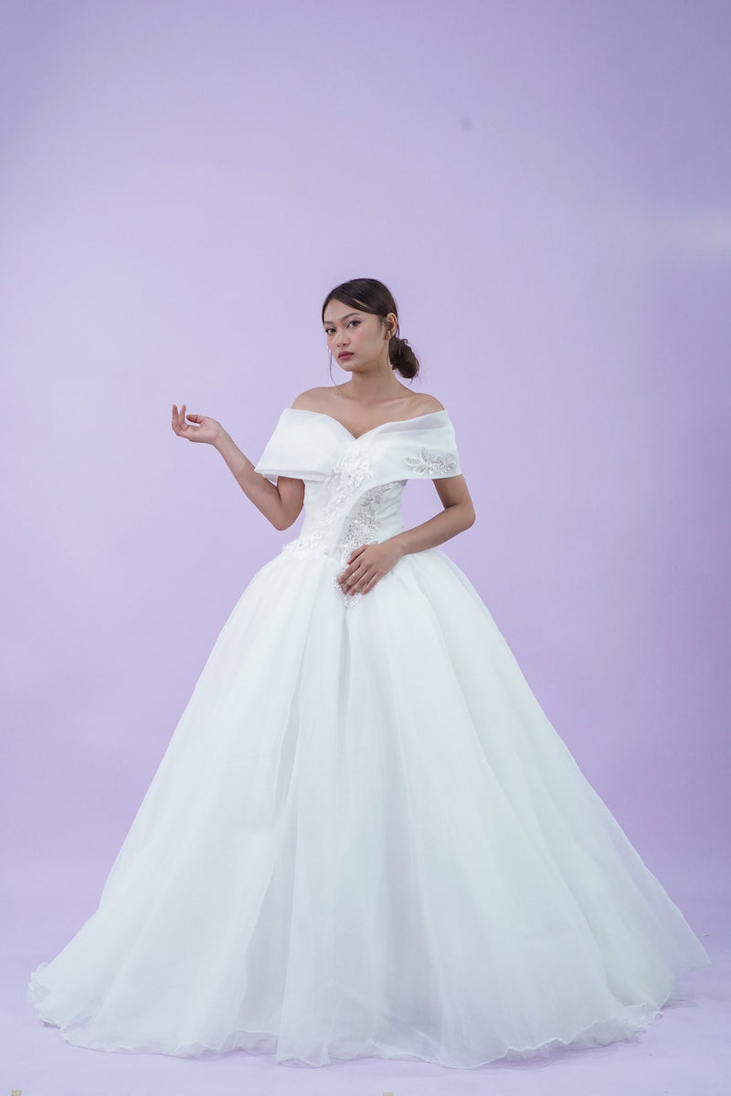 Off-Shoulder Simple Elegant Tule Wedding Bridal Gown - Noelle West Bridals