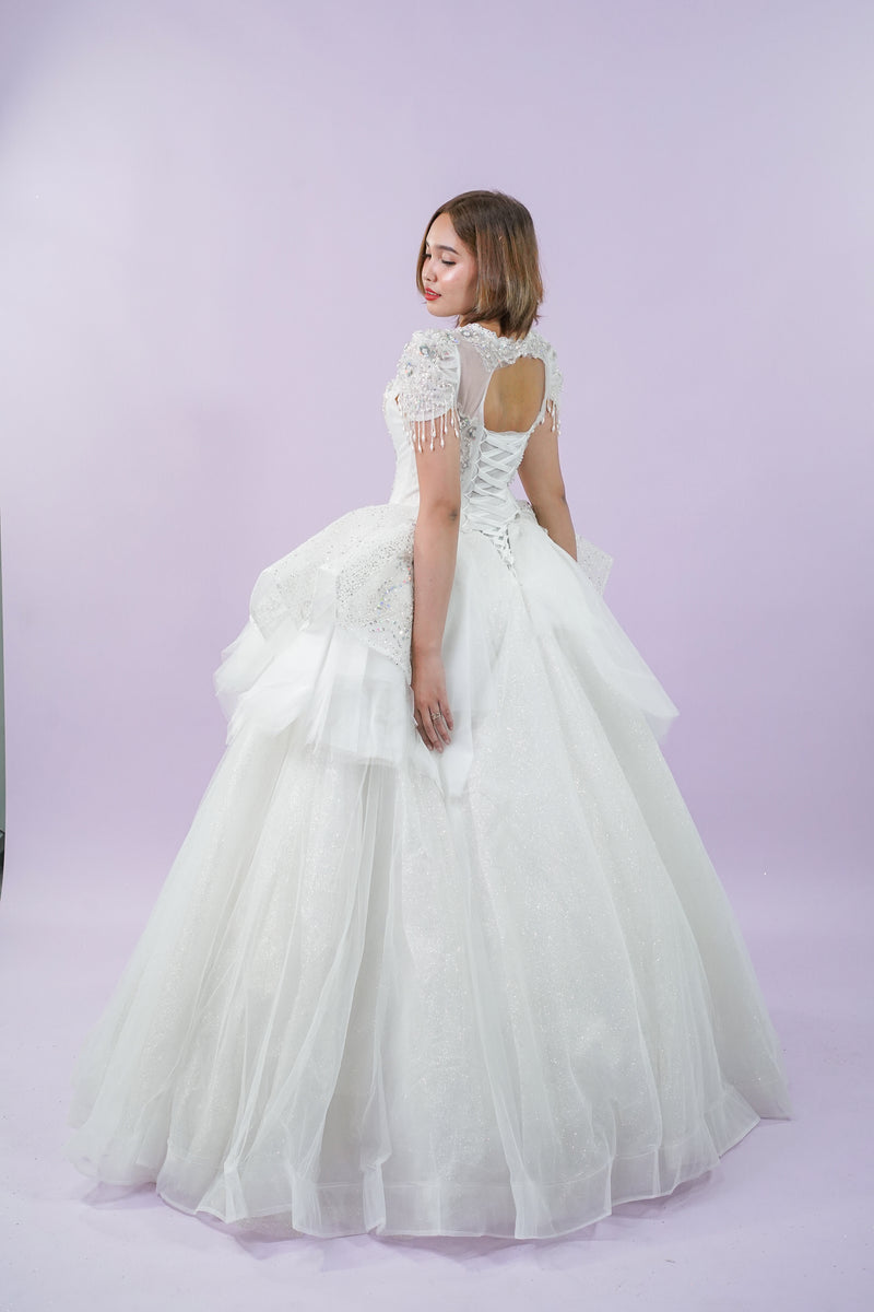 Short Sleeve Intricate Bejeweled Bridal Wedding Gown - Noelle West Bridals