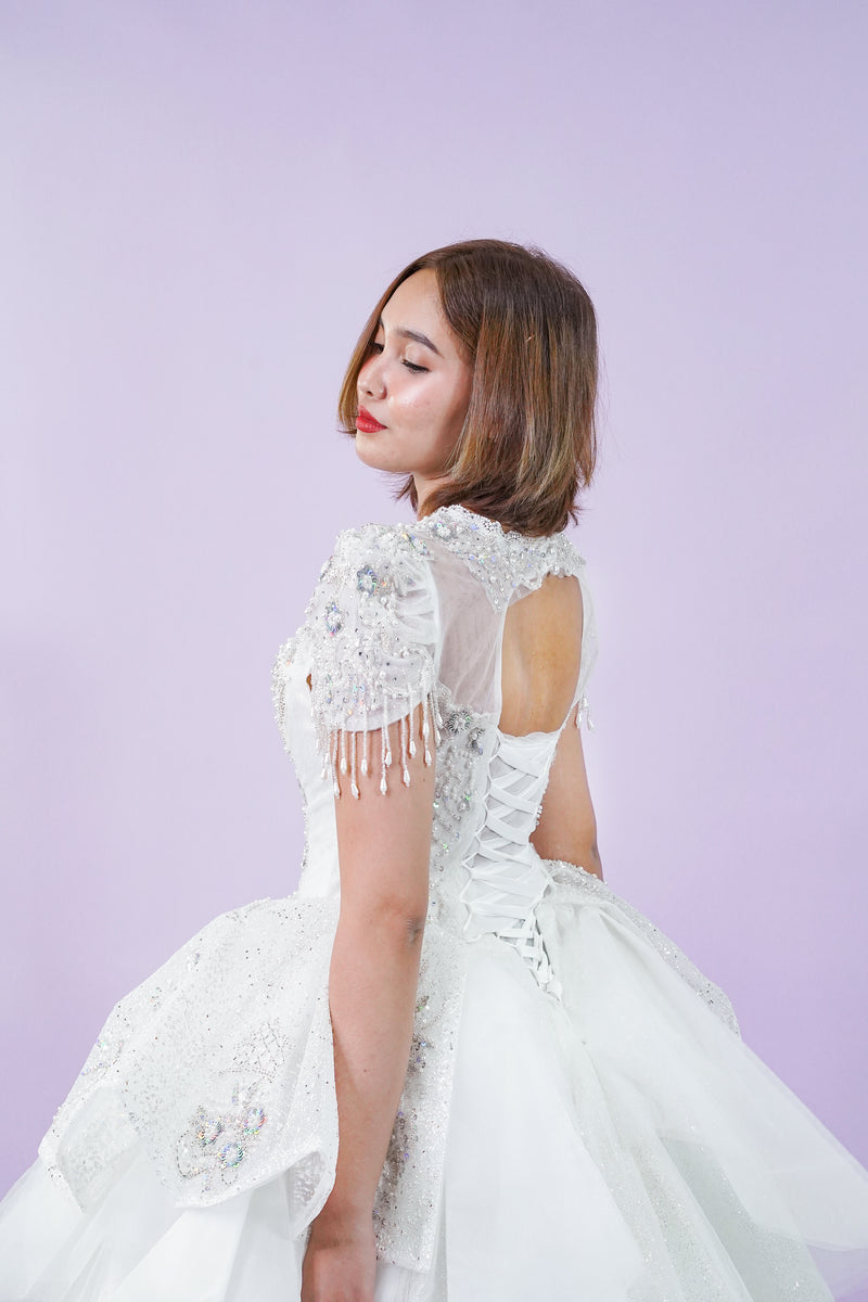 Short Sleeve Intricate Bejeweled Bridal Wedding Gown - Noelle West Bridals