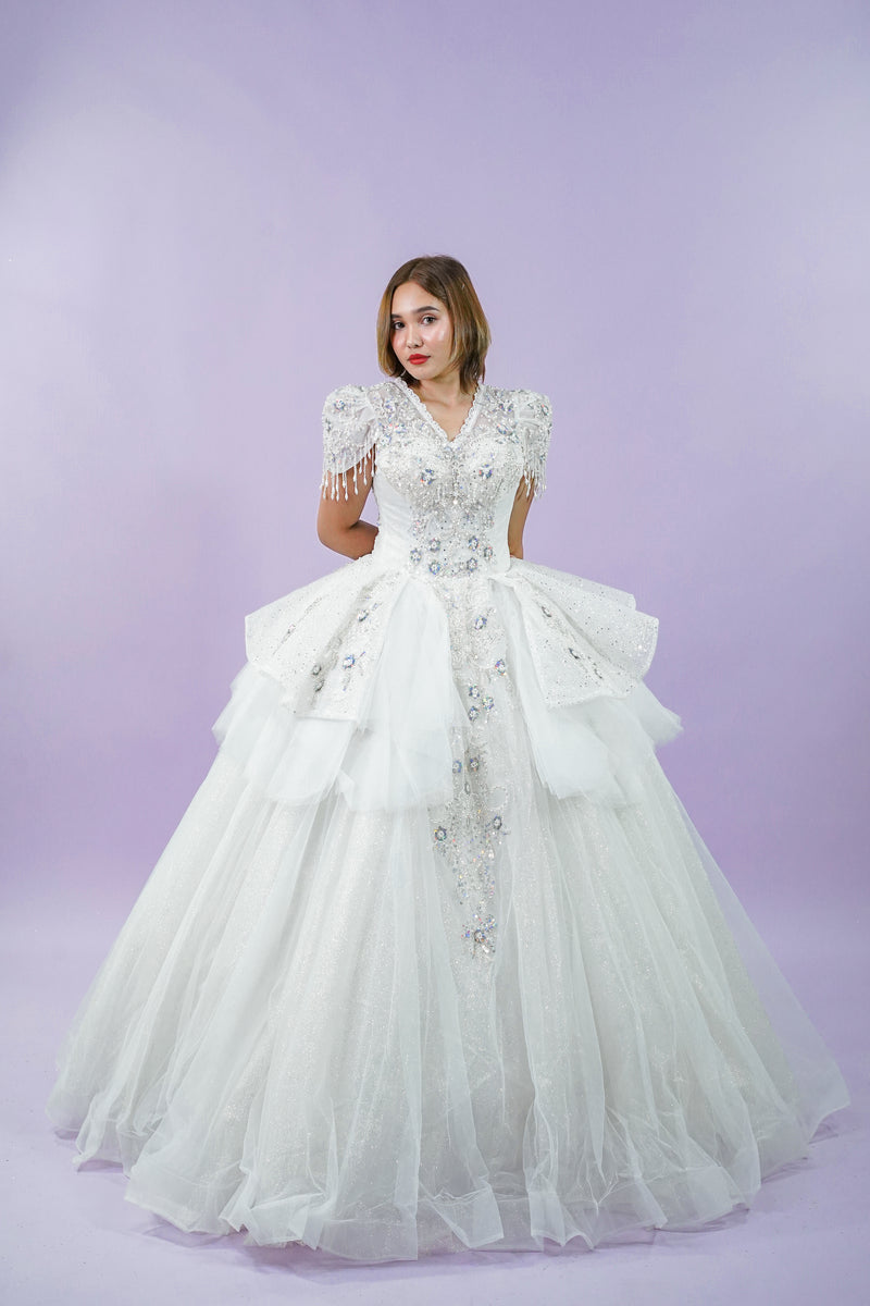 Short Sleeve Intricate Bejeweled Bridal Wedding Gown - Noelle West Bridals