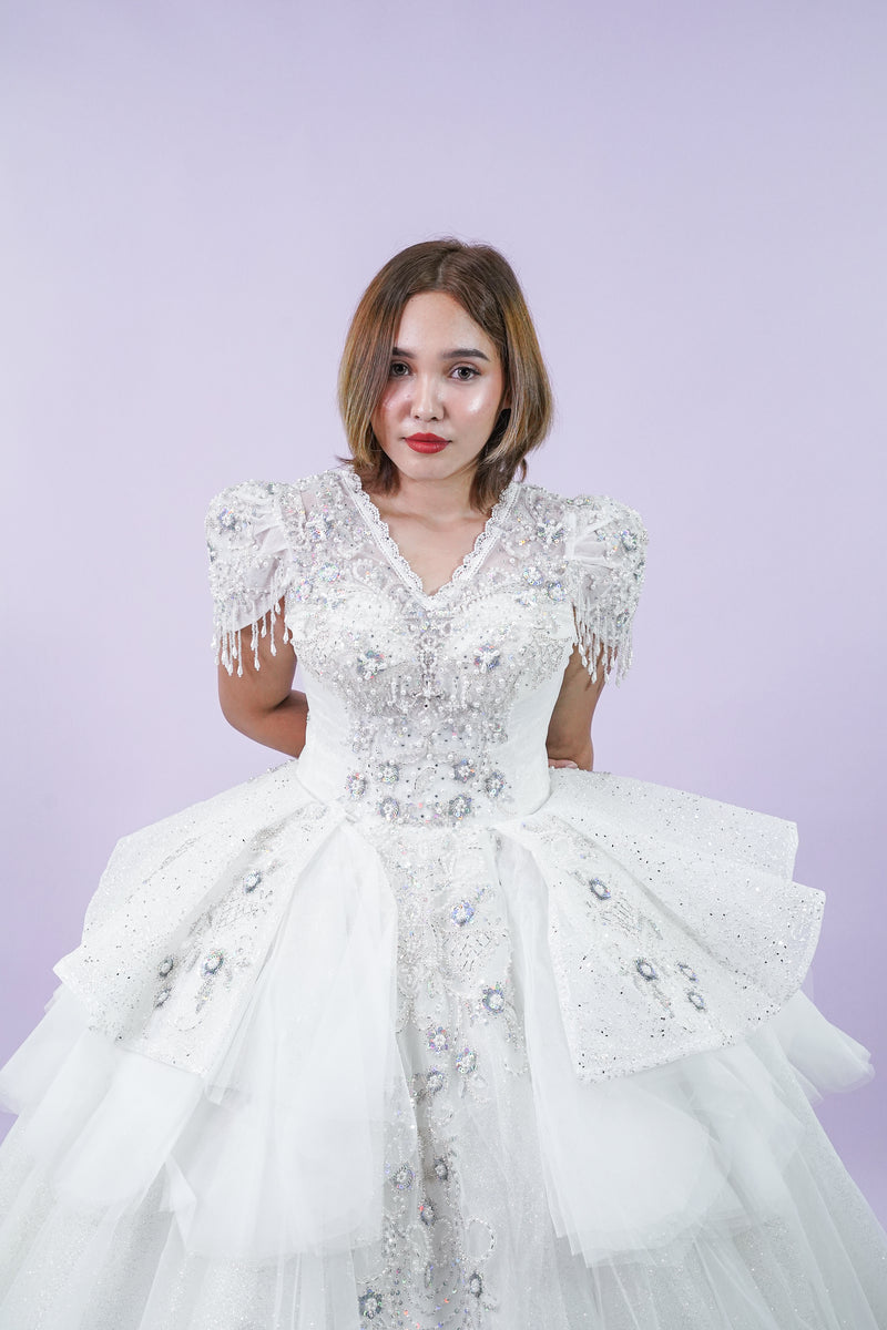 Short Sleeve Intricate Bejeweled Bridal Wedding Gown - Noelle West Bridals