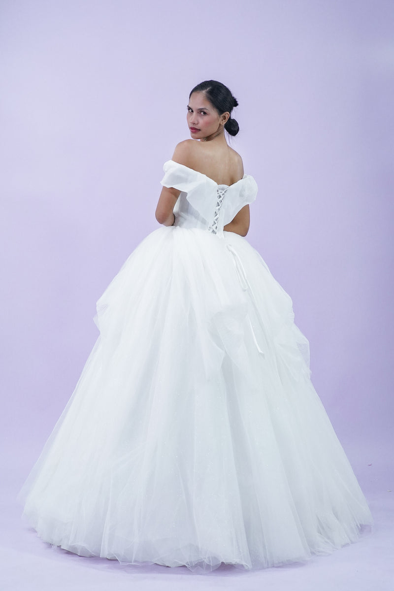 Off-Shoulder Plain Elegant Tule Wedding Bridal Gown - Noelle West Bridals
