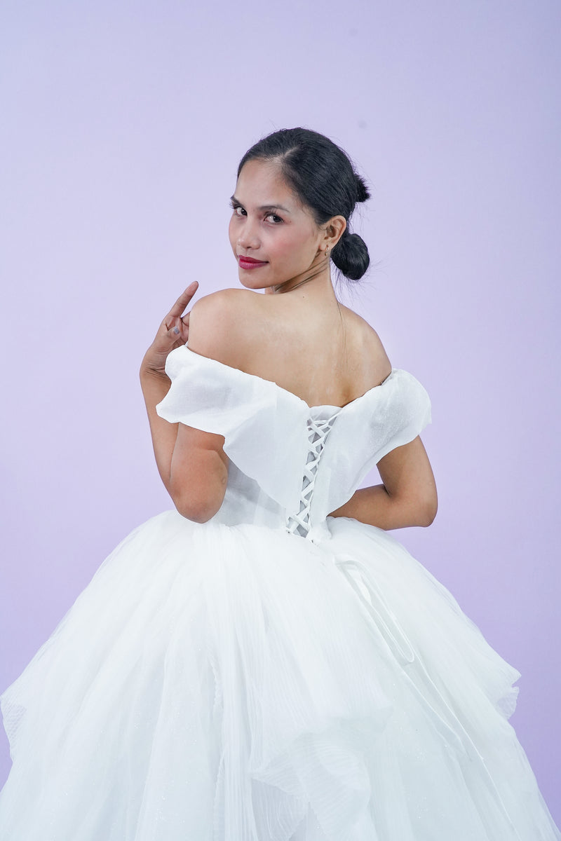 Off-Shoulder Plain Elegant Tule Wedding Bridal Gown - Noelle West Bridals