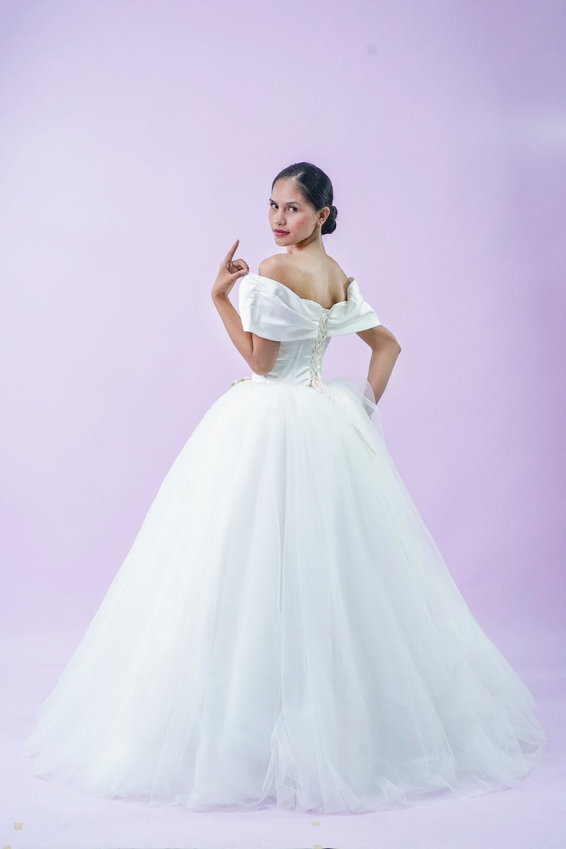 Off-Shoulder Satin Plain Elegant Bridal Gown - Noelle West Bridals