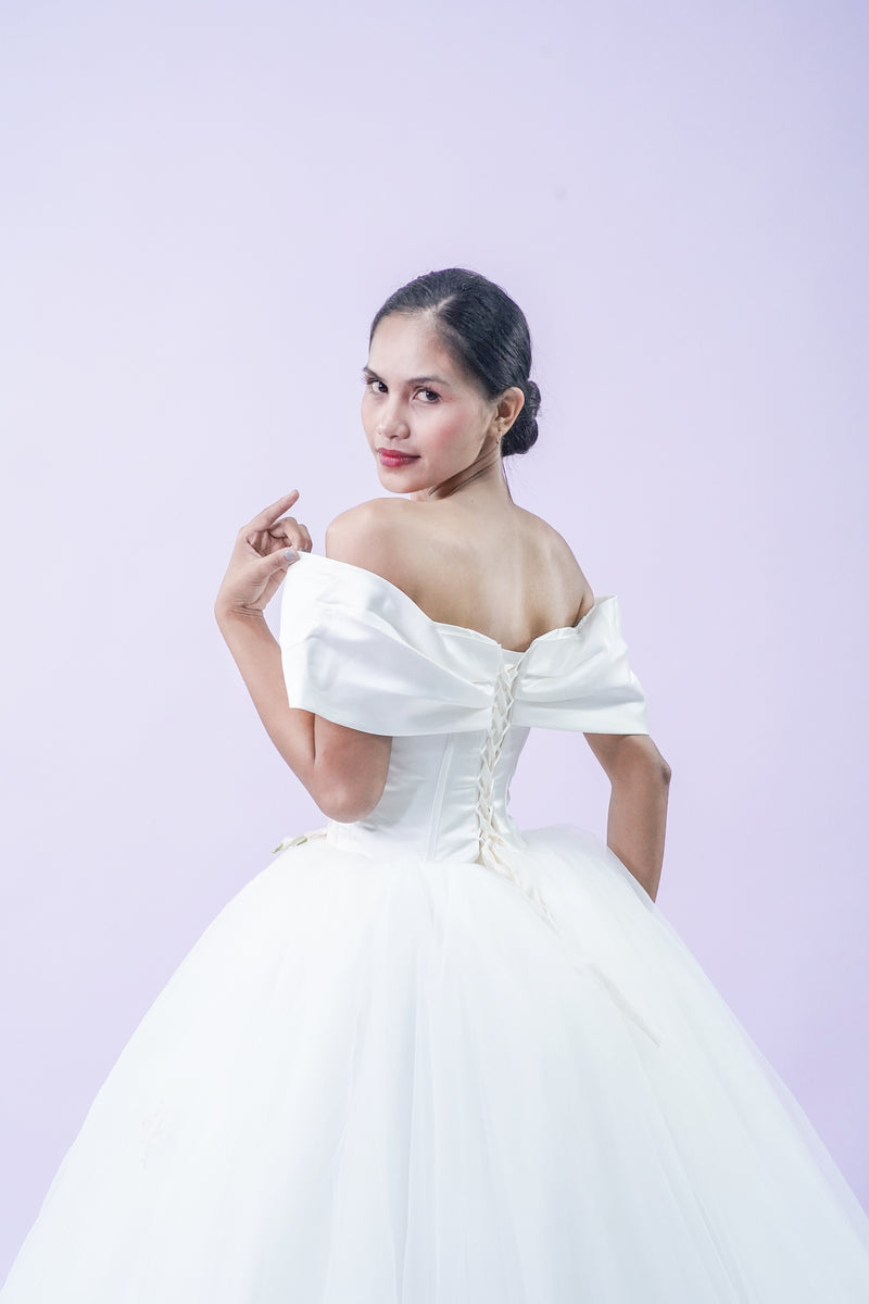 Off-Shoulder Satin Plain Elegant Bridal Gown - Noelle West Bridals