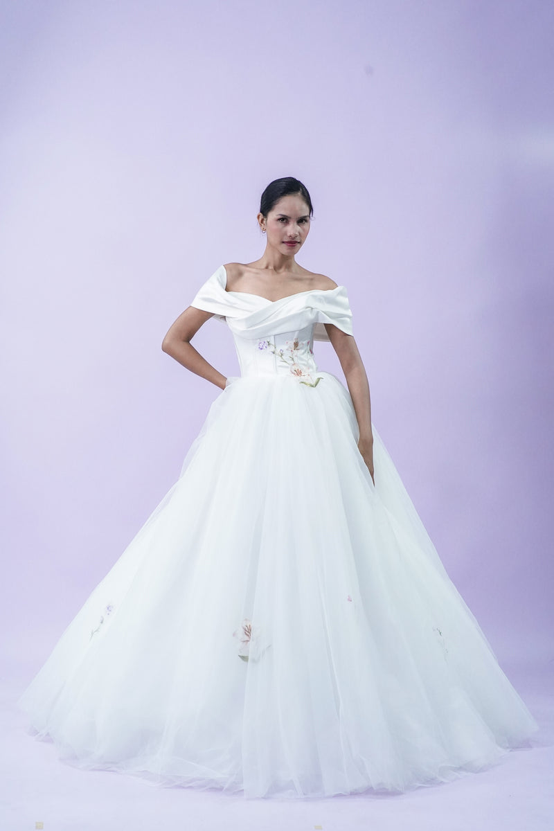 Off-Shoulder Satin Plain Elegant Bridal Gown - Noelle West Bridals