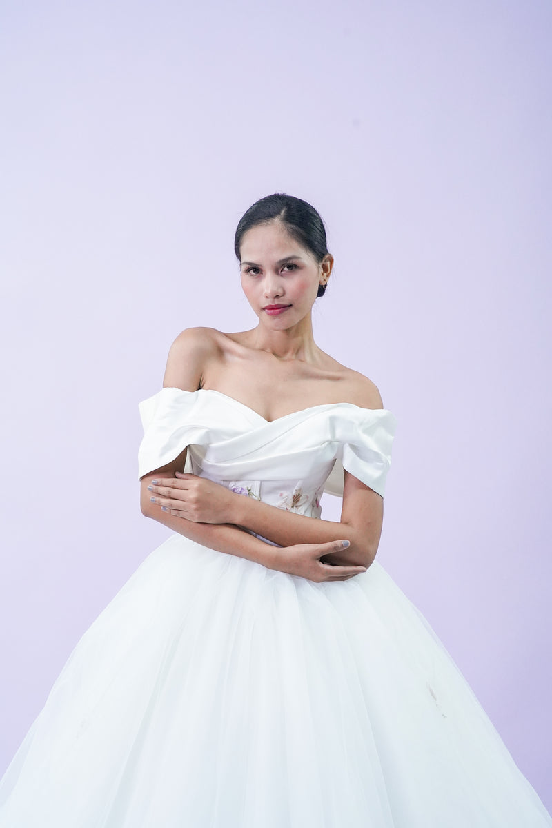 Off-Shoulder Satin Plain Elegant Bridal Gown - Noelle West Bridals