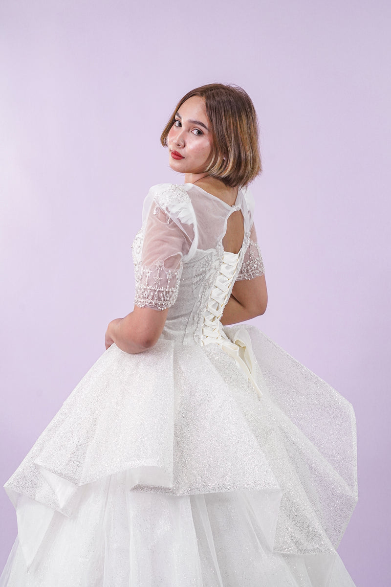 Intricate Long Back Short Sleeve Wedding Bridal Gown - Noelle West Bridals