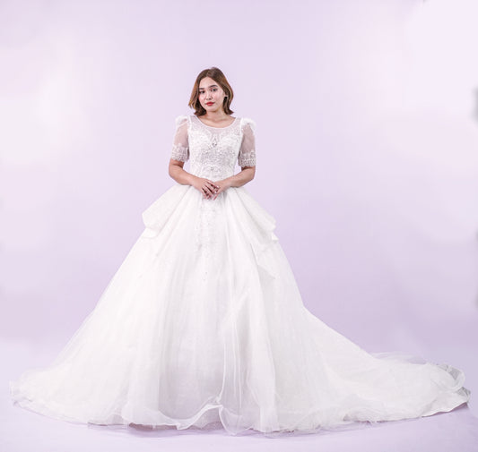 Intricate Long Back Short Sleeve Wedding Bridal Gown