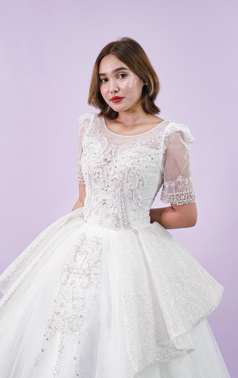 Intricate Long Back Short Sleeve Wedding Bridal Gown - Noelle West Bridals