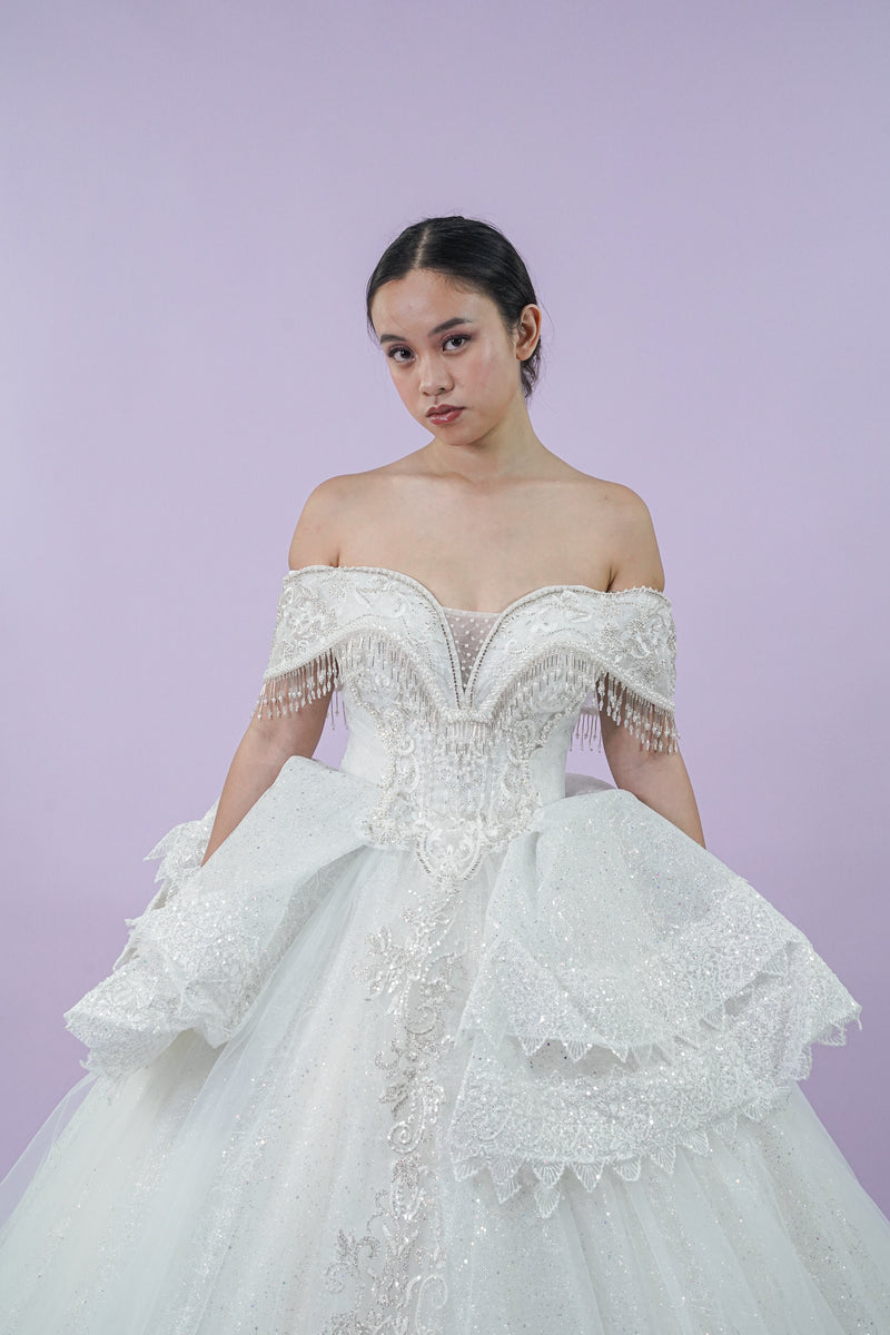 Off-Shoulder Intricate Bejeweled Bridal Gown - Noelle West Bridals