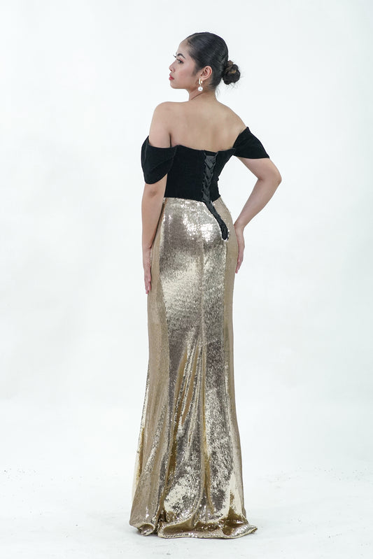 Elegant Gold Black Long Evening Gown