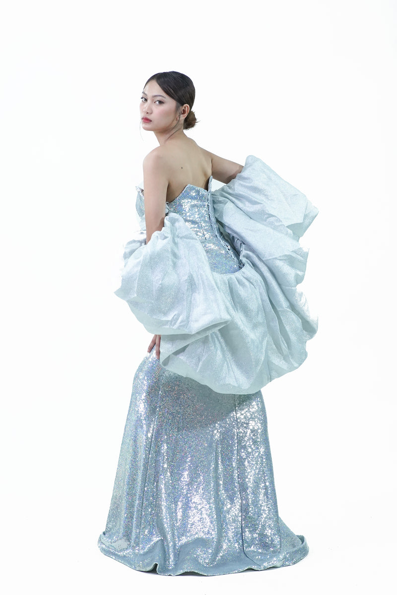 Sparkly Glitter Blue Silver Evening Hollywood Gown with Cape - Noelle West Bridals