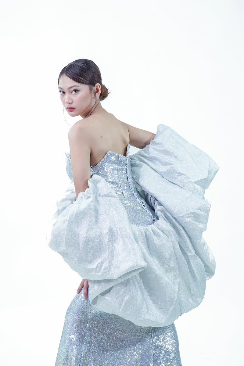 Sparkly Glitter Blue Silver Evening Hollywood Gown with Cape - Noelle West Bridals