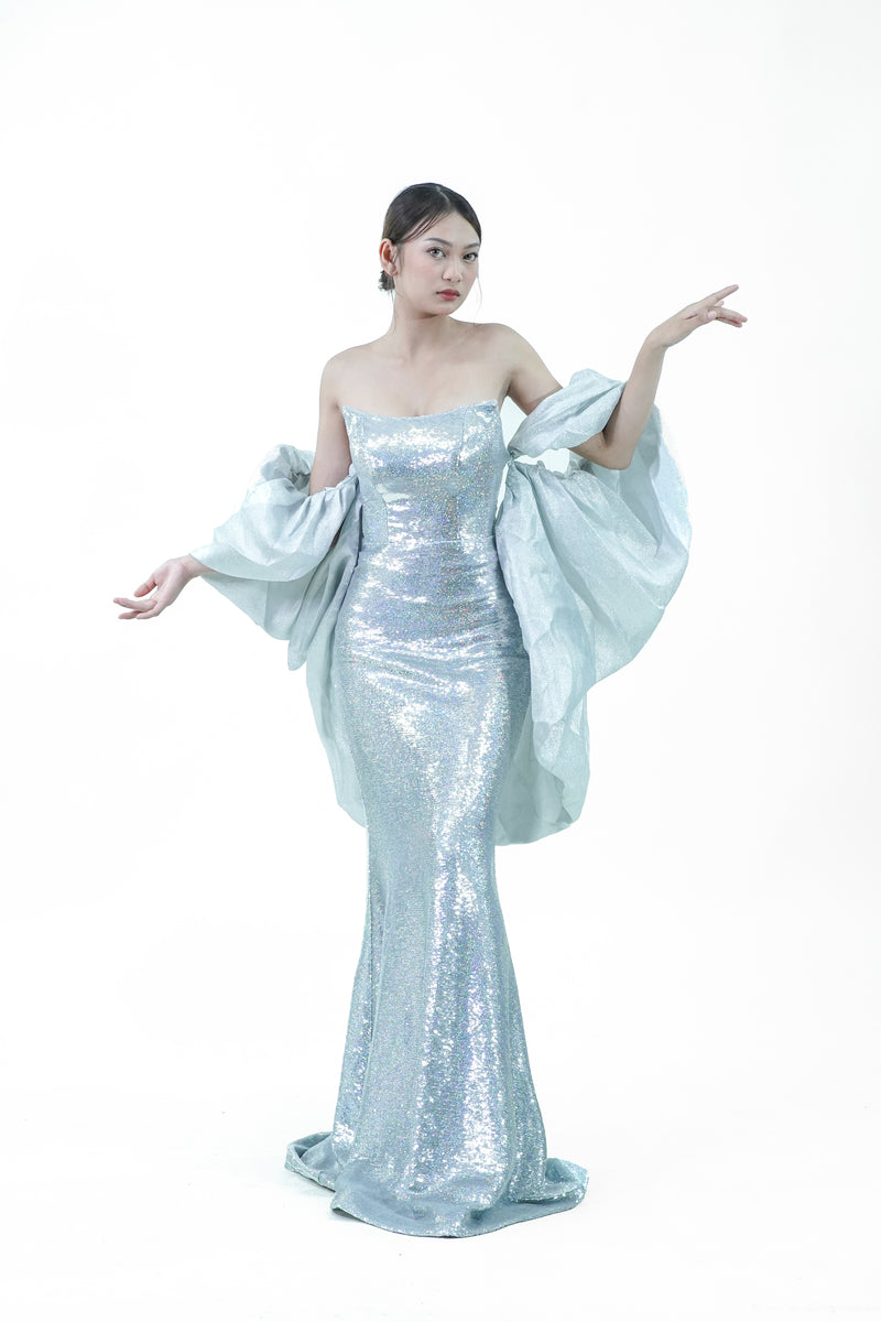 Sparkly Glitter Blue Silver Evening Hollywood Gown with Cape - Noelle West Bridals