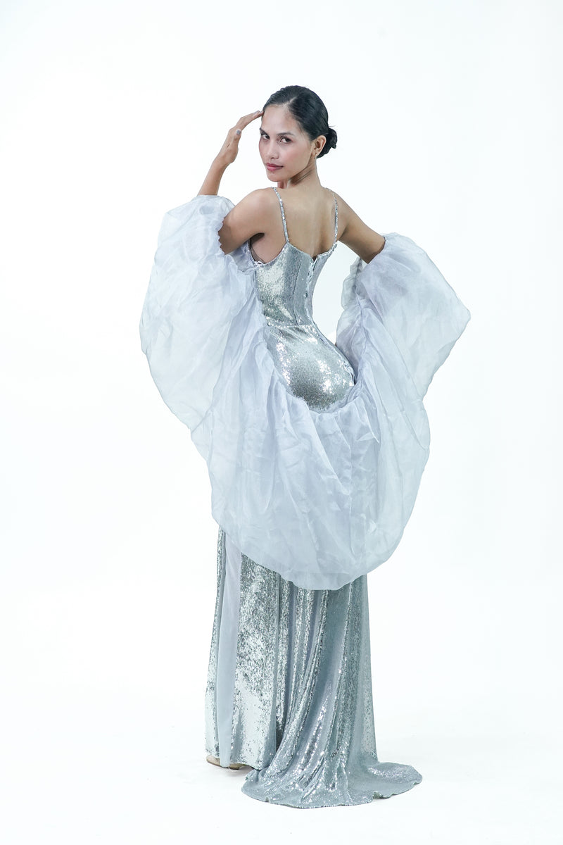 Silver Elegant Long Gown With Cape - Noelle West Bridals