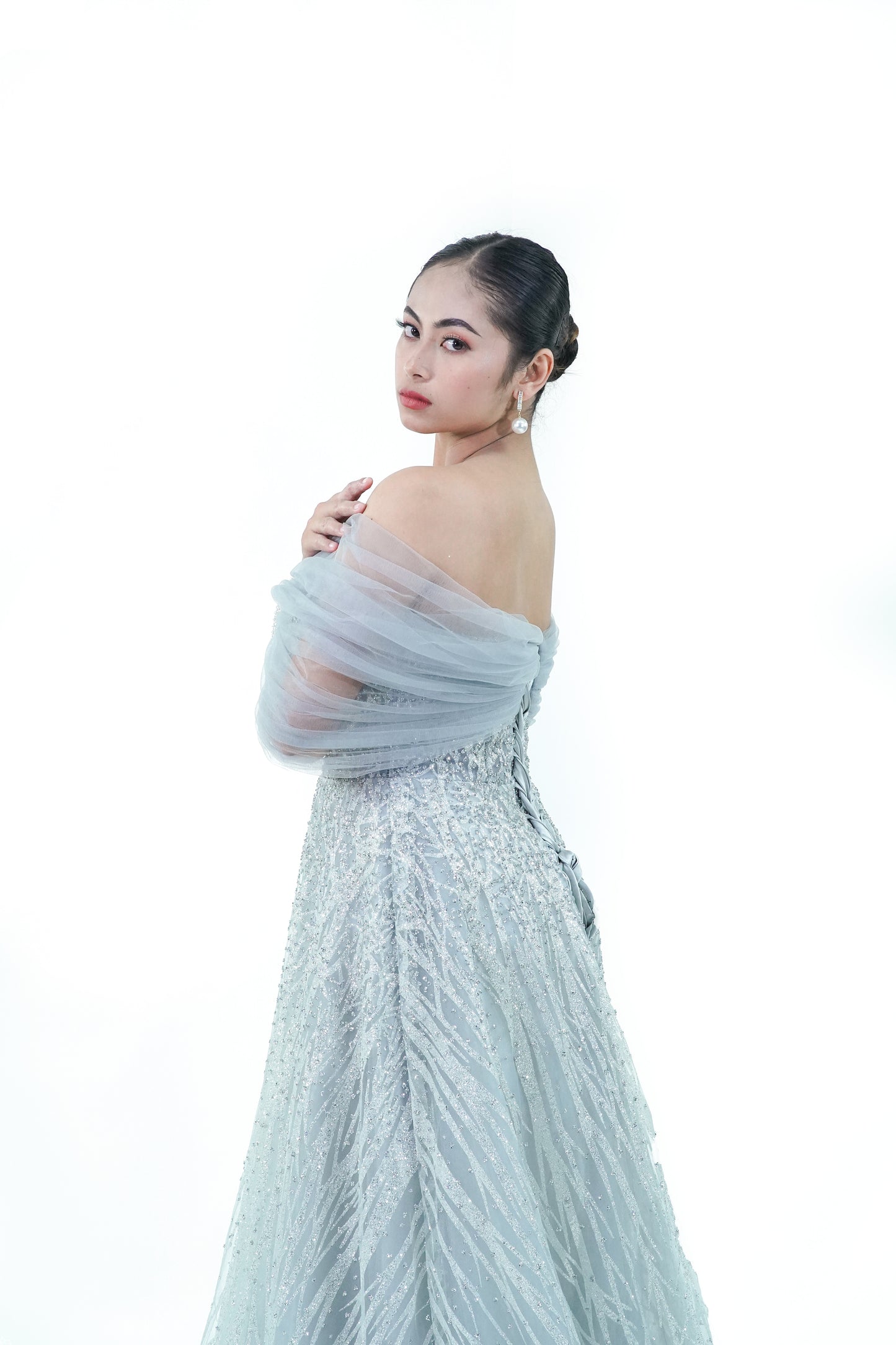 Sparkly Off-Shoulder Intricate Evening Gown