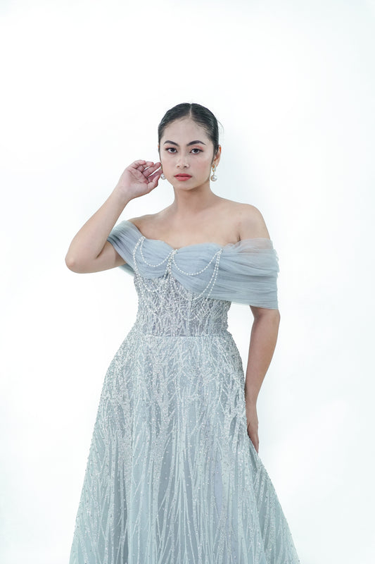 Sparkly Off-Shoulder Intricate Evening Gown
