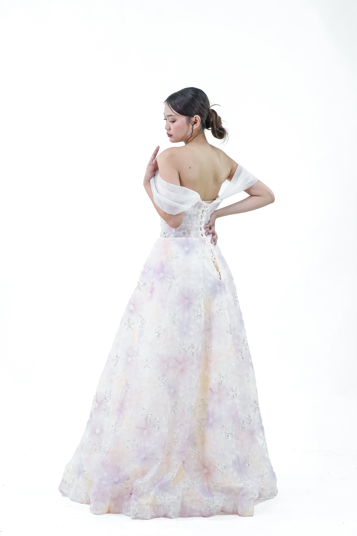 Off-Shoulder Floral Enchanted Rainbow Evening Gown