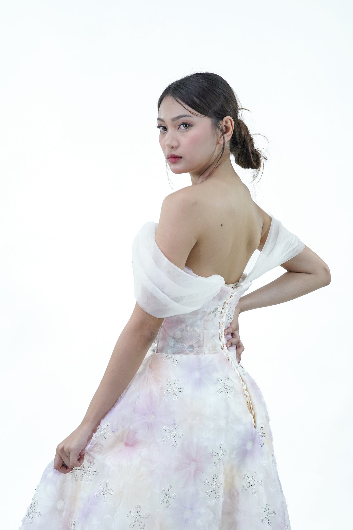 Off-Shoulder Floral Enchanted Rainbow Evening Gown