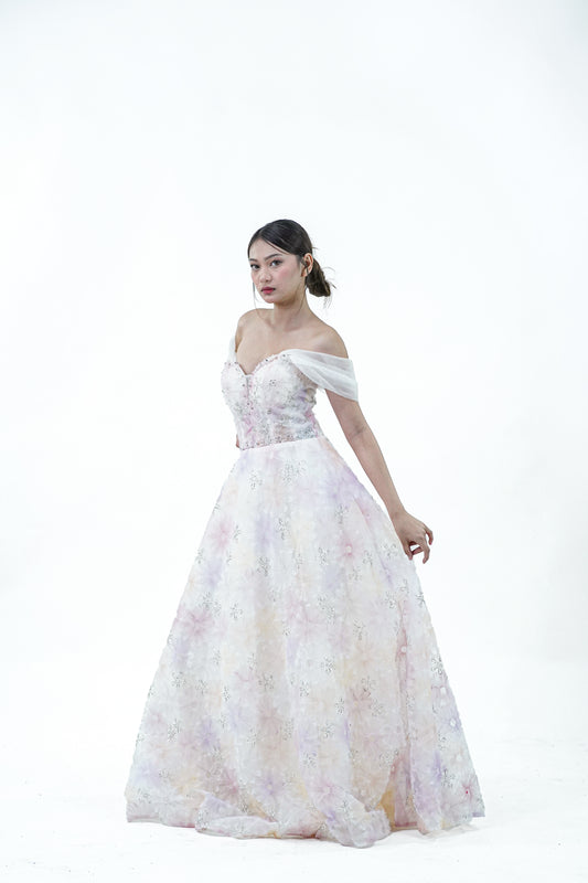 Off-Shoulder Floral Enchanted Rainbow Evening Gown