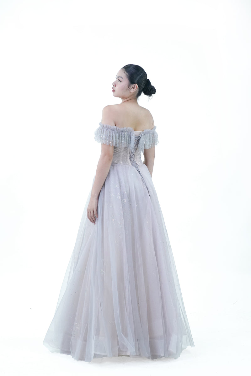 Off-Shoulder Purple Grey Evening Gown - Noelle West Bridals