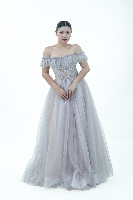 Off-Shoulder Purple Grey Evening Gown - Noelle West Bridals