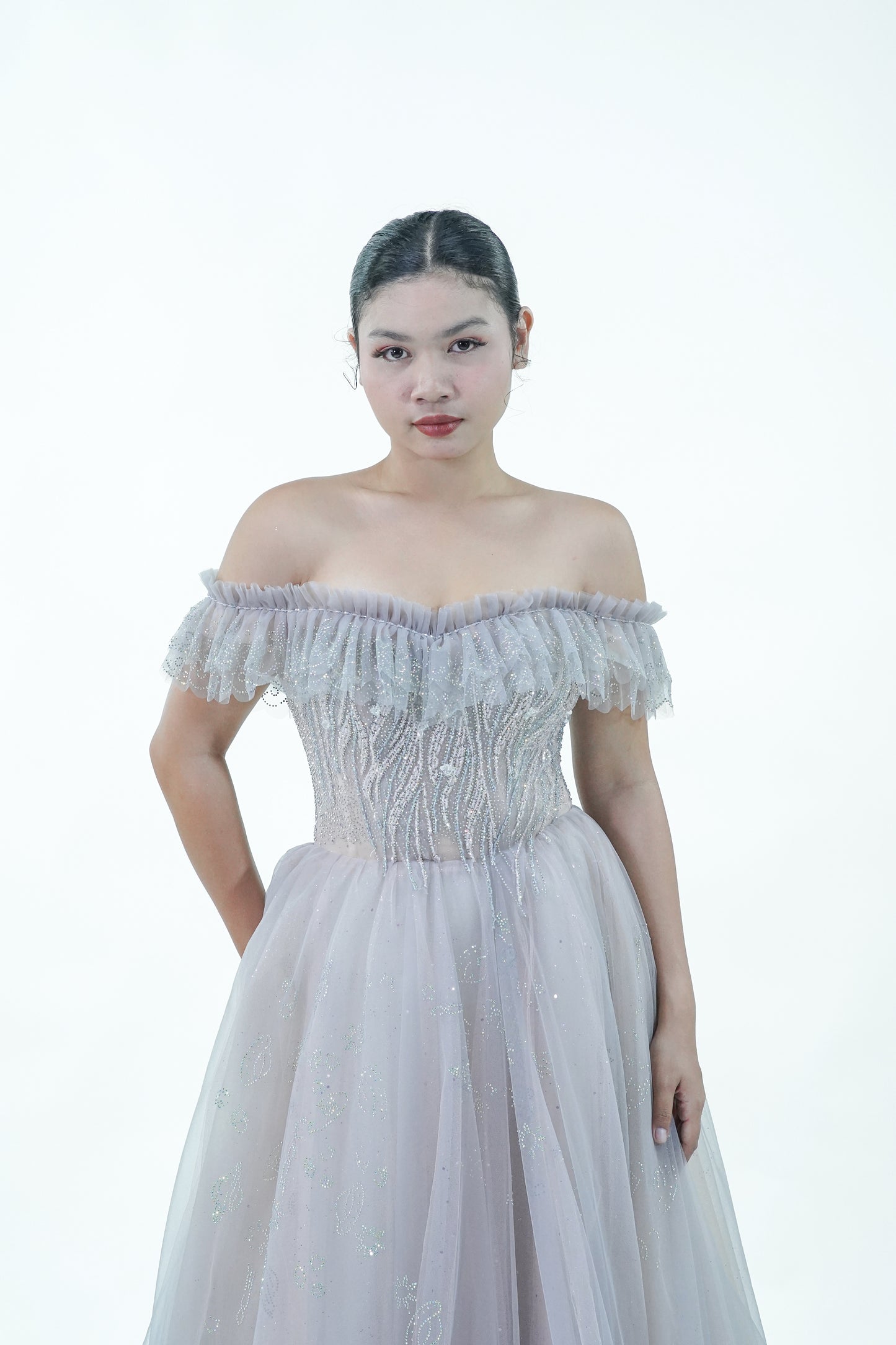 Off-Shoulder Purple Grey Evening Gown - Noelle West Bridals