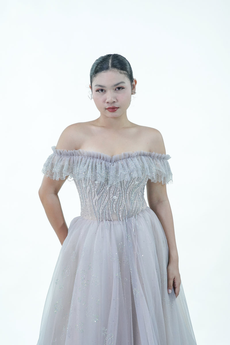 Off-Shoulder Purple Grey Evening Gown - Noelle West Bridals