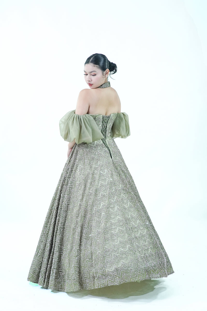 Off-Shoulder Green Sparkly Evening Gown - Noelle West Bridals