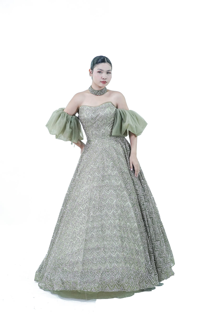 Off-Shoulder Green Sparkly Evening Gown - Noelle West Bridals