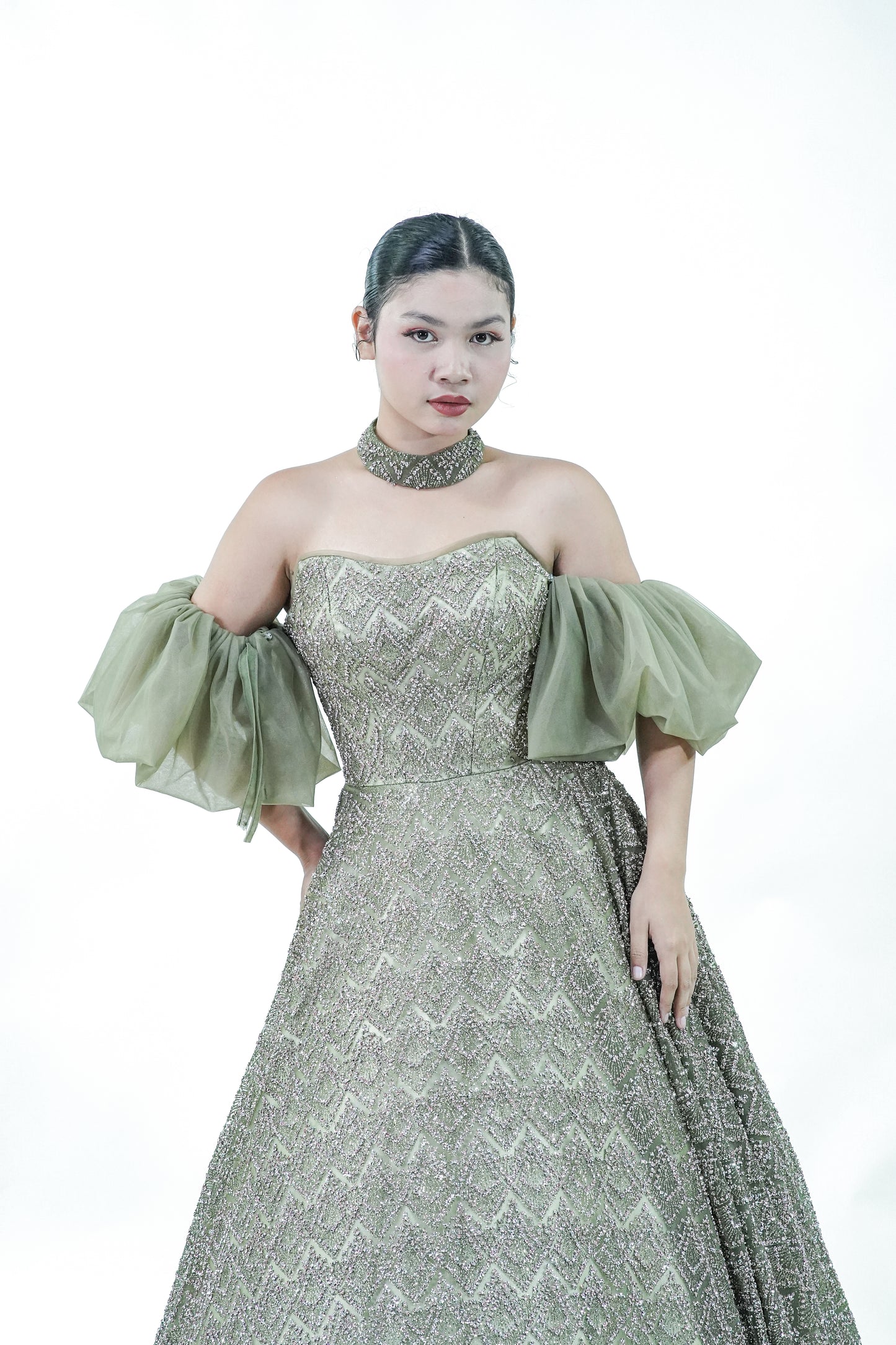 Off-Shoulder Green Sparkly Evening Gown - Noelle West Bridals