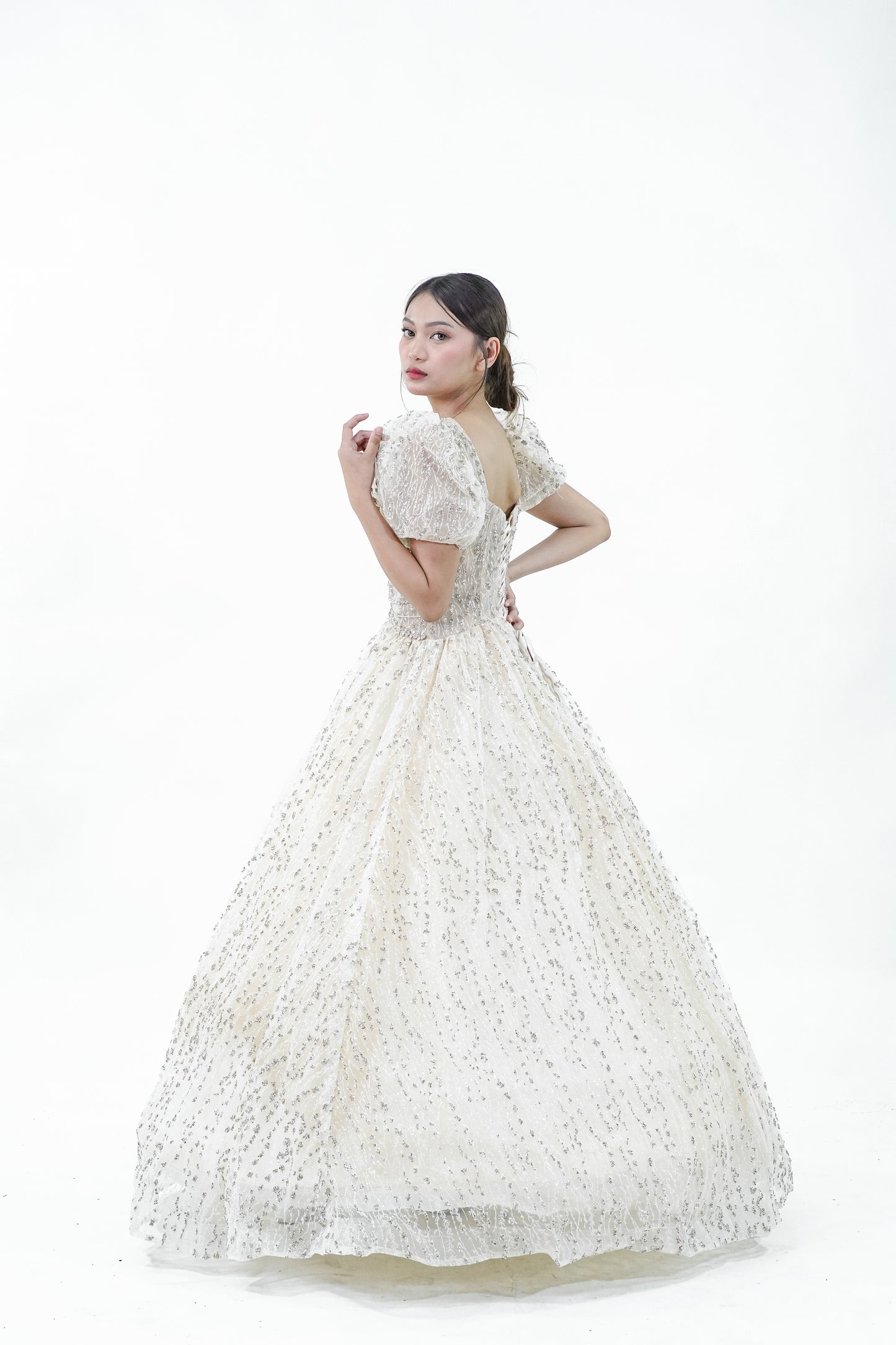 Puffed Sleeve Yellow Sparkly Ball Gown - Noelle West Bridals