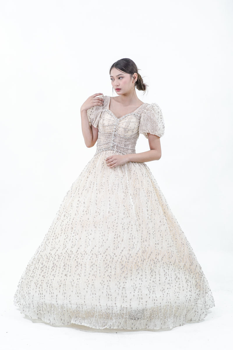 Puffed Sleeve Yellow Sparkly Ball Gown - Noelle West Bridals