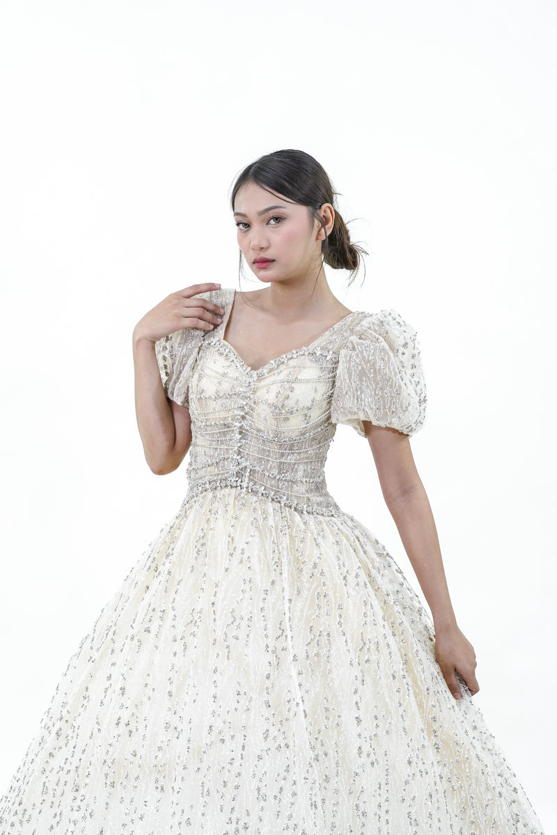 Puffed Sleeve Yellow Sparkly Ball Gown - Noelle West Bridals