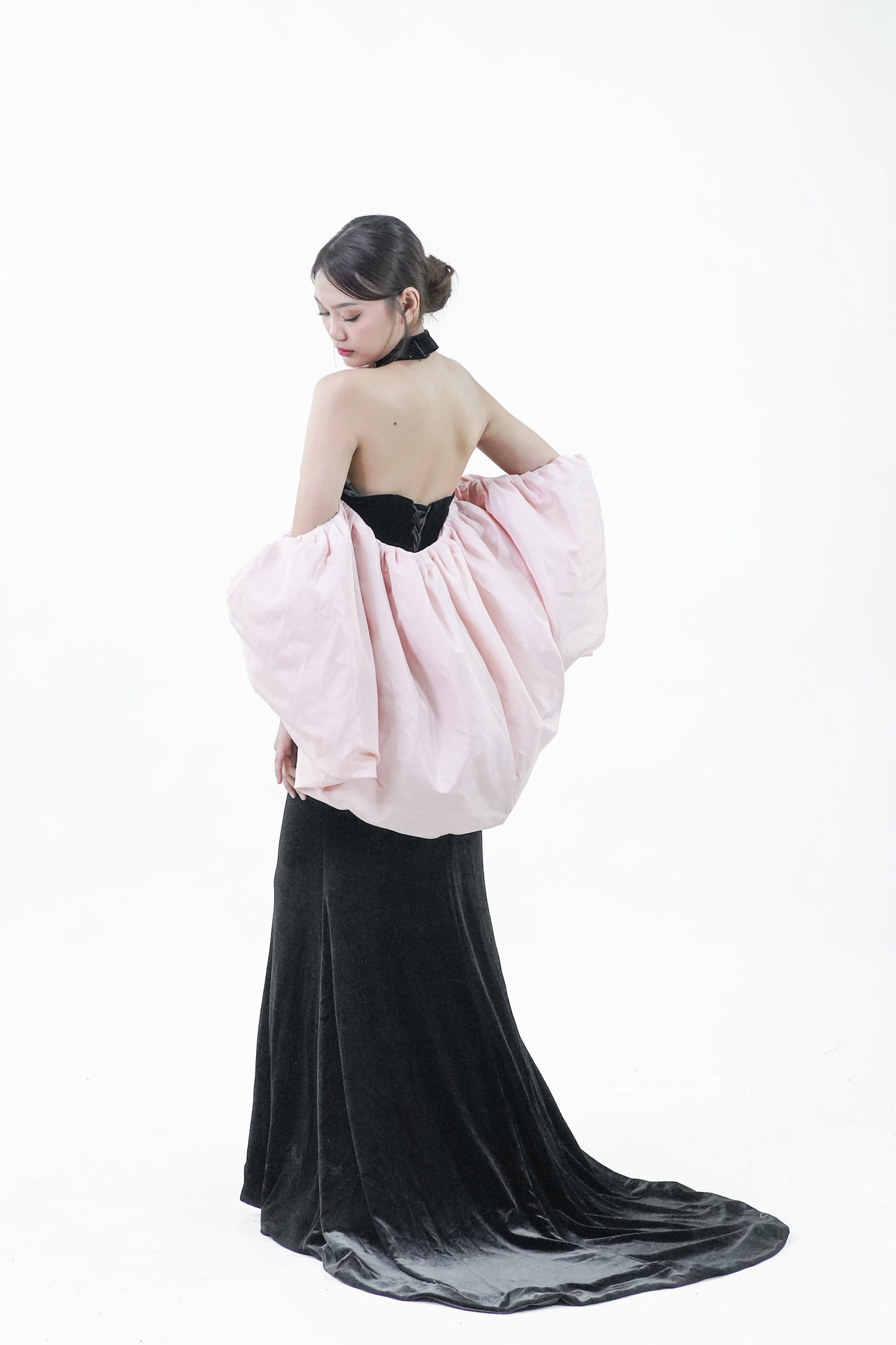 Velvet Black Pink Caped Evening Gown - Noelle West Bridals
