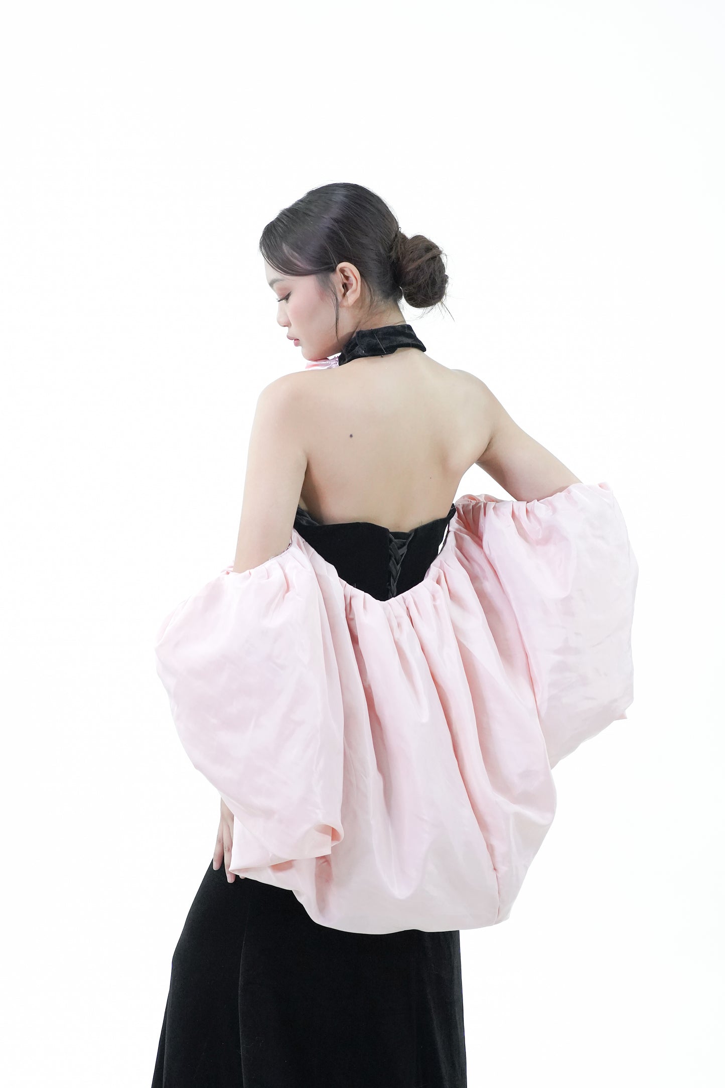 Velvet Black Pink Caped Evening Gown - Noelle West Bridals