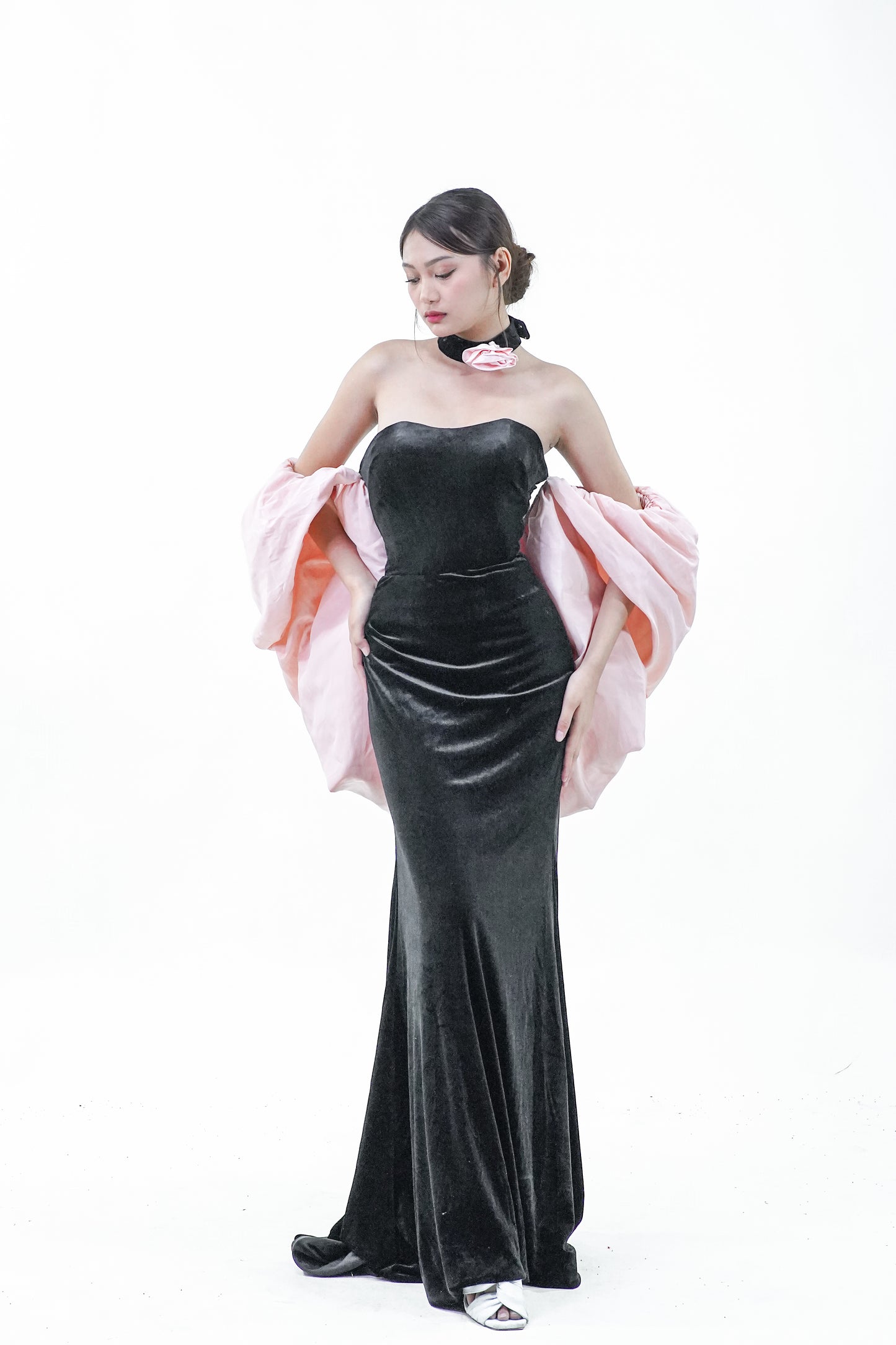 Velvet Black Pink Caped Evening Gown - Noelle West Bridals