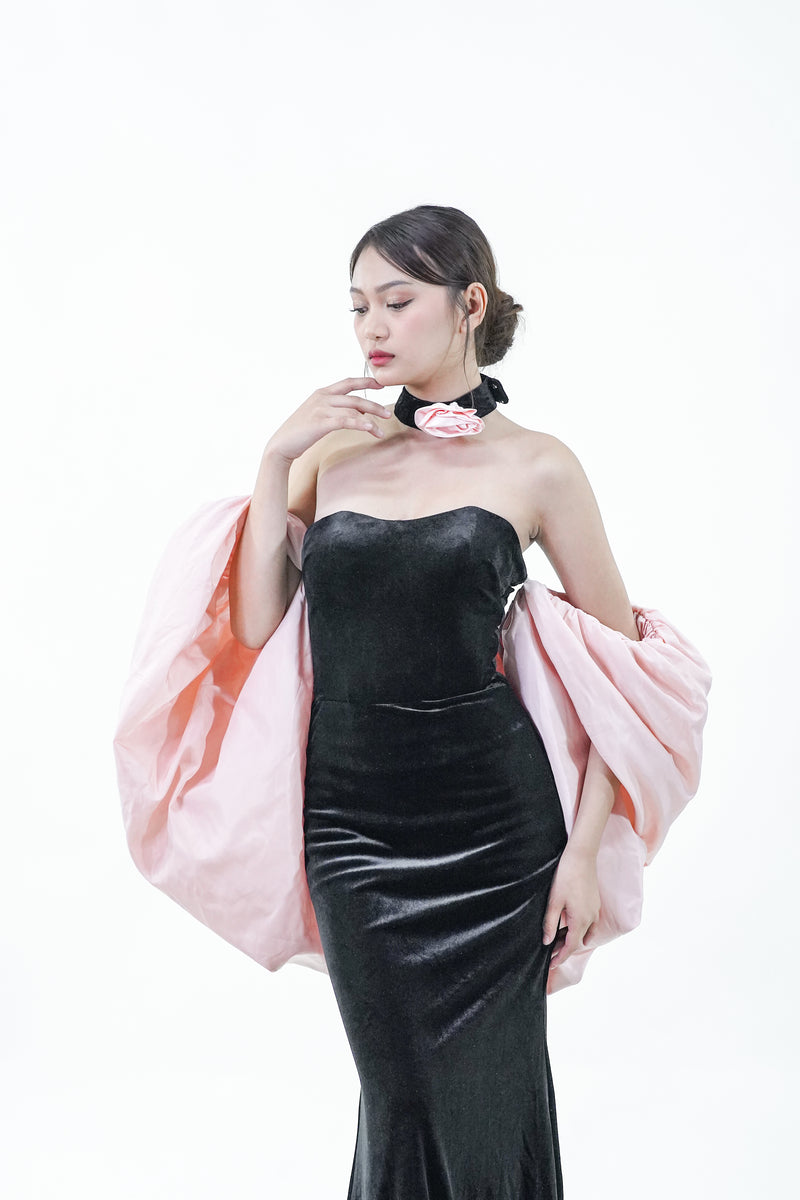 Velvet Black Pink Caped Evening Gown - Noelle West Bridals