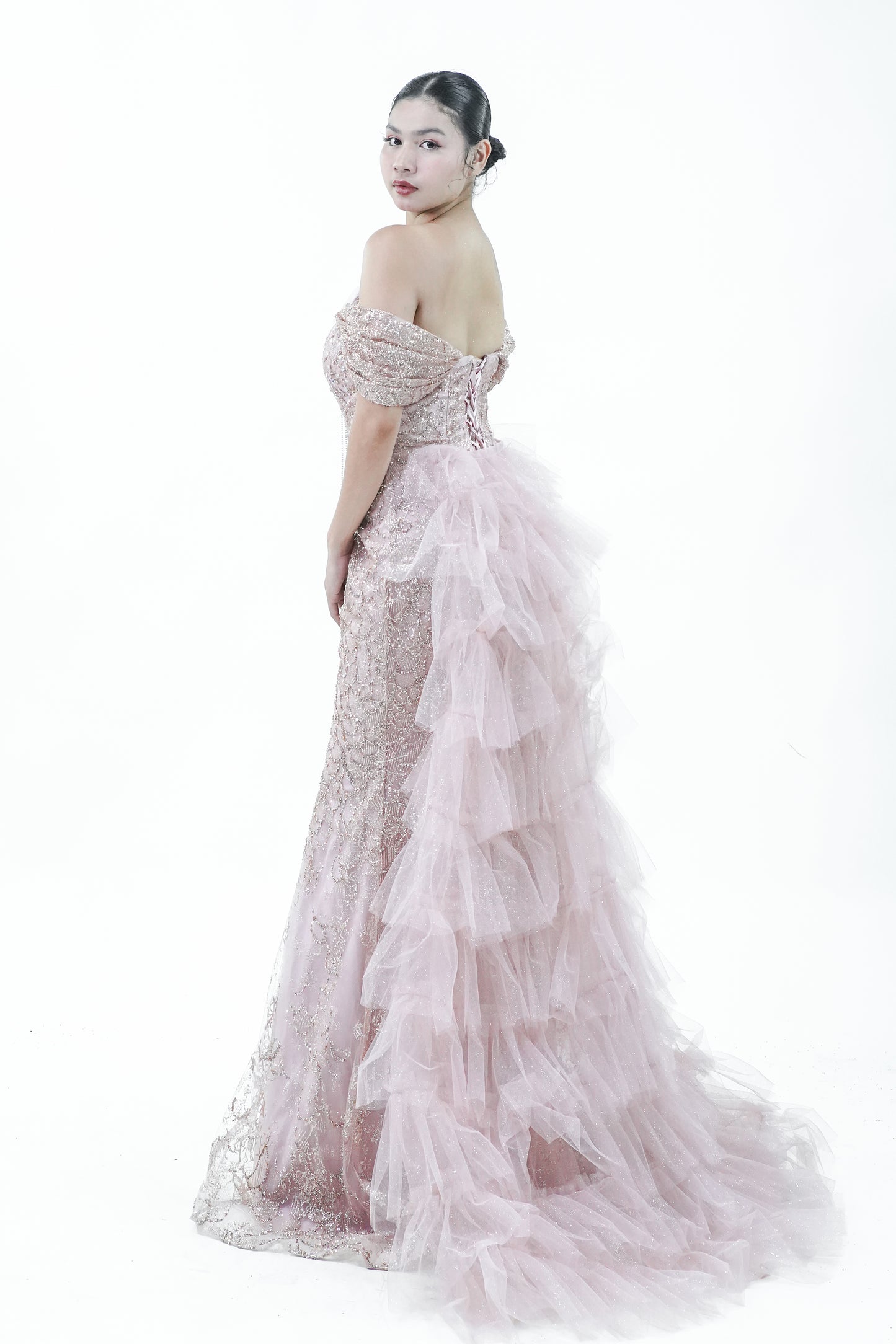 Enchanted Tule Ruffled Pink Off-Shoulder Evening Gown - Noelle West Bridals