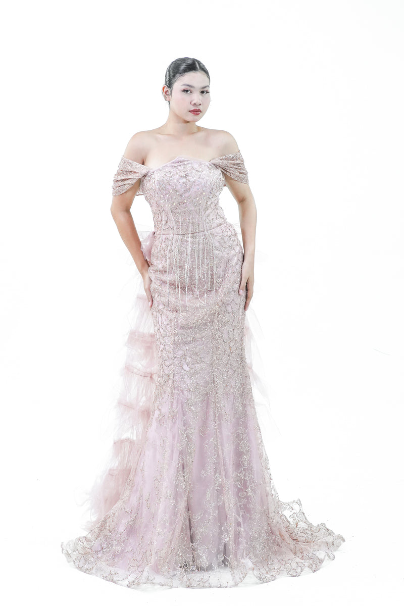 Enchanted Tule Ruffled Pink Off-Shoulder Evening Gown - Noelle West Bridals