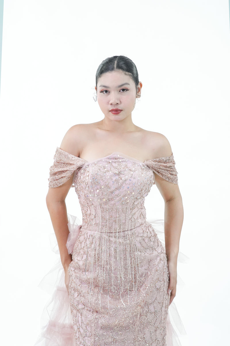 Enchanted Tule Ruffled Pink Off-Shoulder Evening Gown - Noelle West Bridals