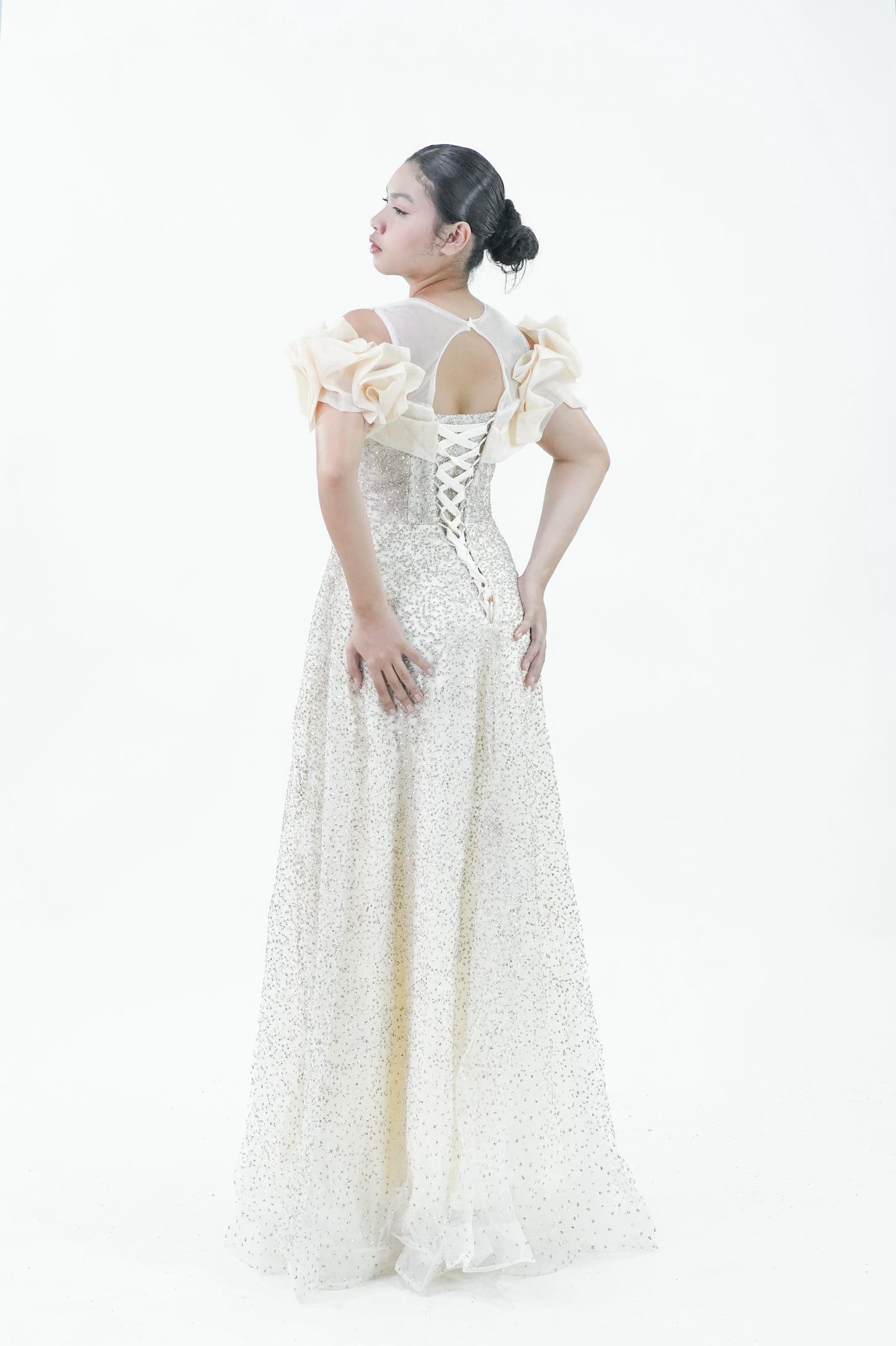 Floral Puffed Sleeve Yellow Sparkly Evening Gown - Noelle West Bridals