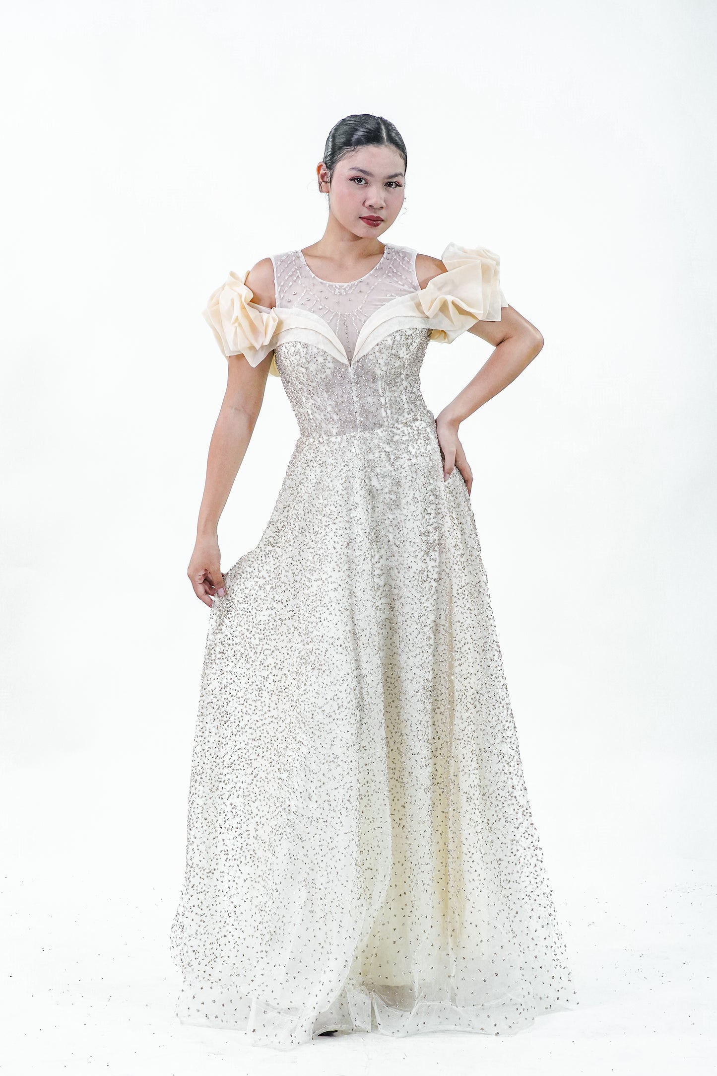 Floral Puffed Sleeve Yellow Sparkly Evening Gown - Noelle West Bridals