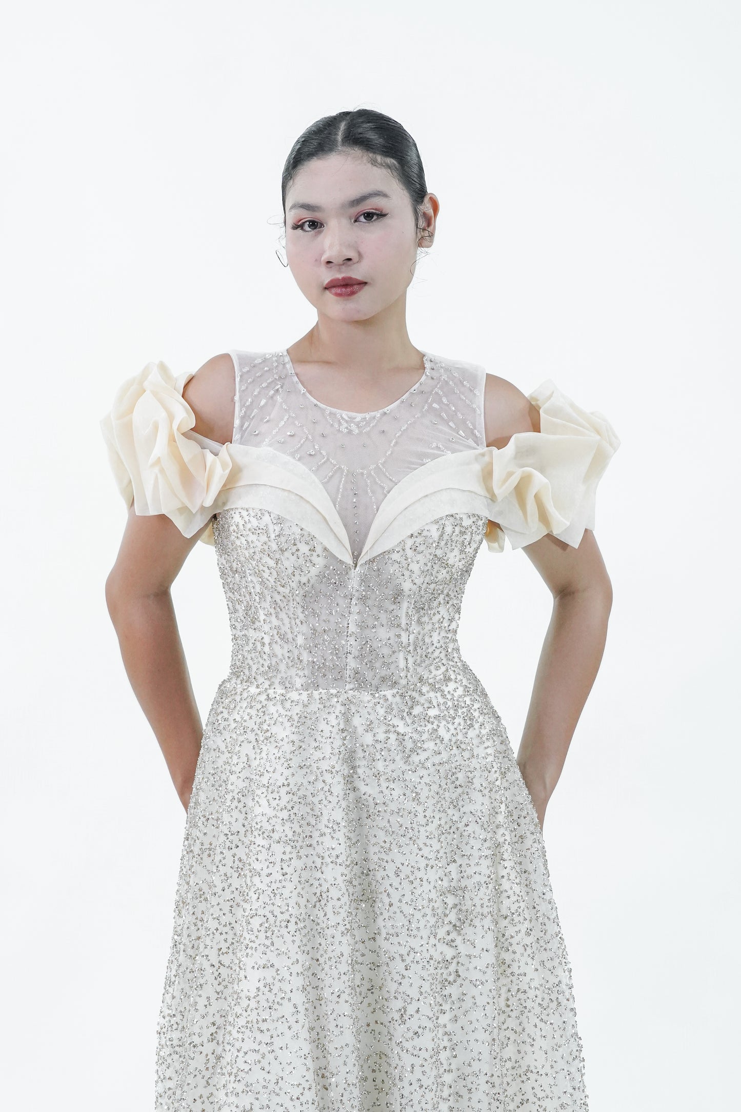 Floral Puffed Sleeve Yellow Sparkly Evening Gown - Noelle West Bridals