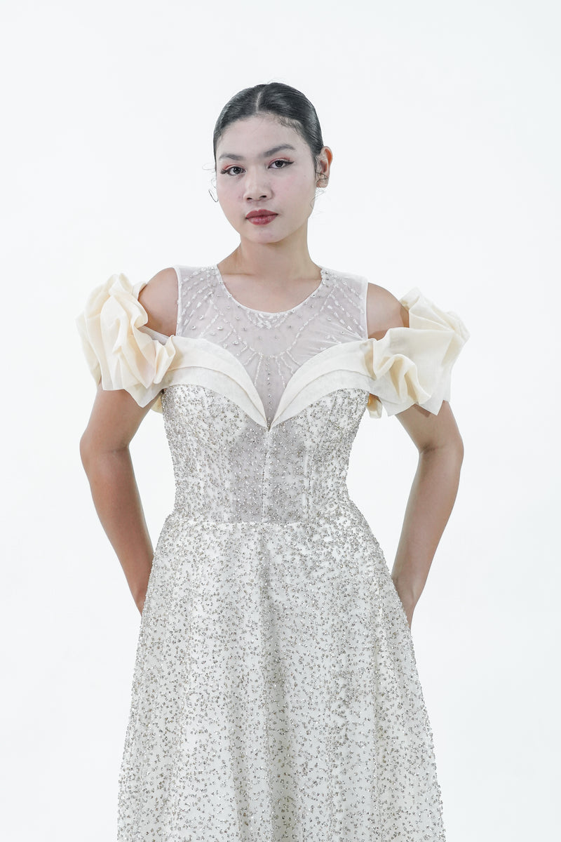 Floral Puffed Sleeve Yellow Sparkly Evening Gown - Noelle West Bridals