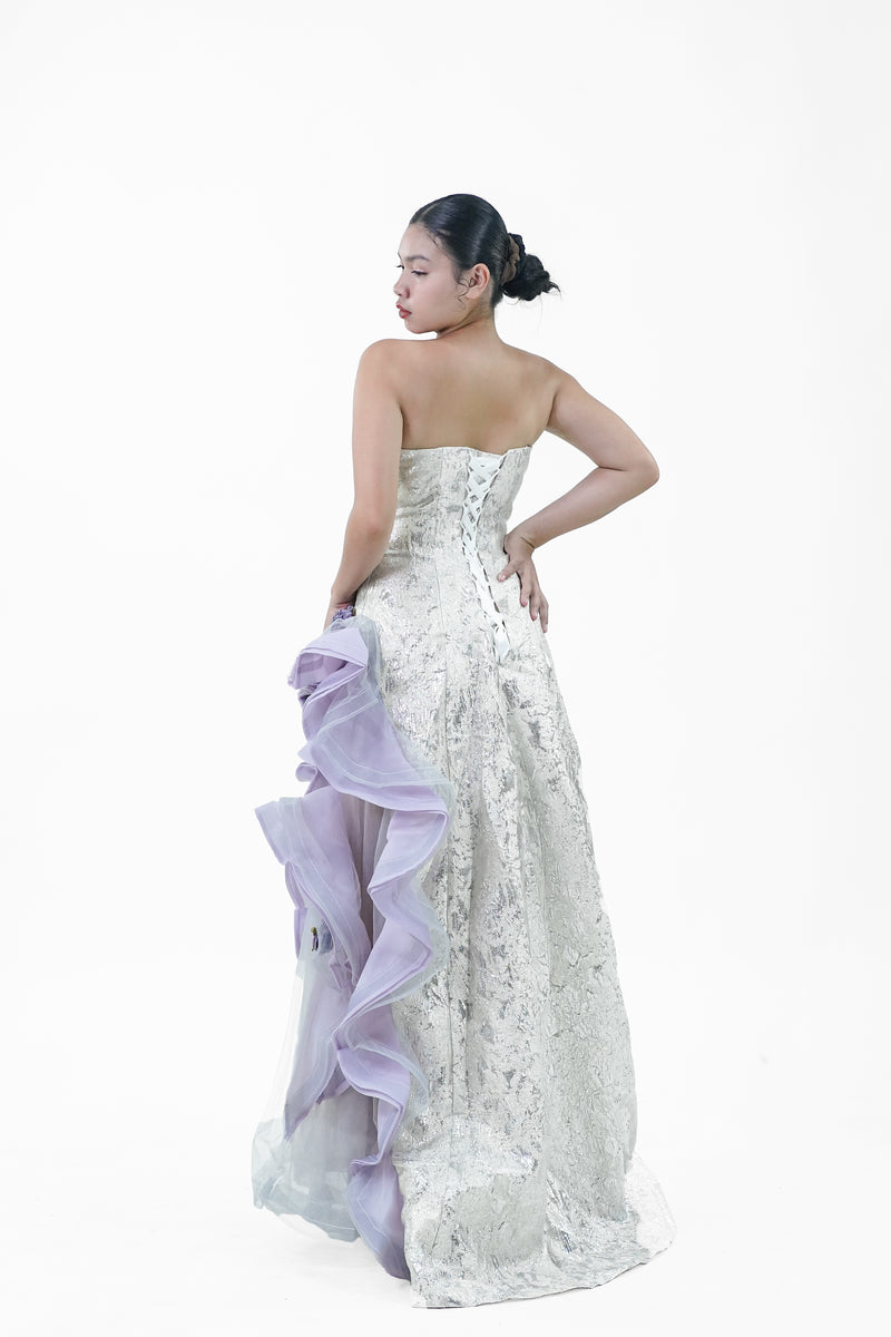 Floral Purple Gold Ruffles Evening Gown - Noelle West Bridals